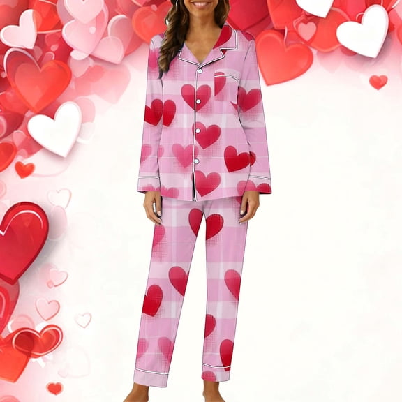 YTCAMLO Soft Comfy Pajama Sets for Women 2 Piece Cute Love Heart Printed Pjs Button Down Shirts Pants Loose Fit Valentines Lounge Set, Hot Pink2 L