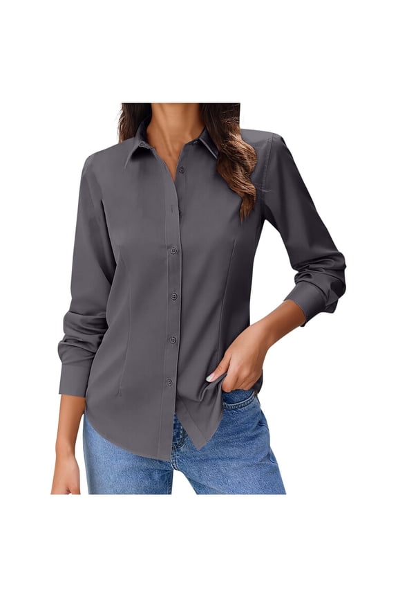Solid Color Button Down Shirts for Women Classic Fit Stretch Blouses Collared Long Sleeve Shirts Slim Office Work Tunic Tops, Gray XXL