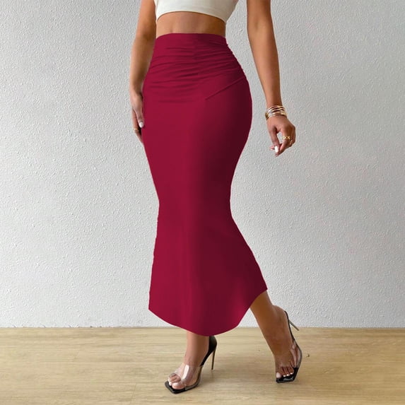 YTCAMLO Solid Color Womens Maxi Skirts Dressy High Waisted Bodycon Skirts Fishtail Pencil Skirt Stretchy Flowy Cocktail Long Skirts, Red M