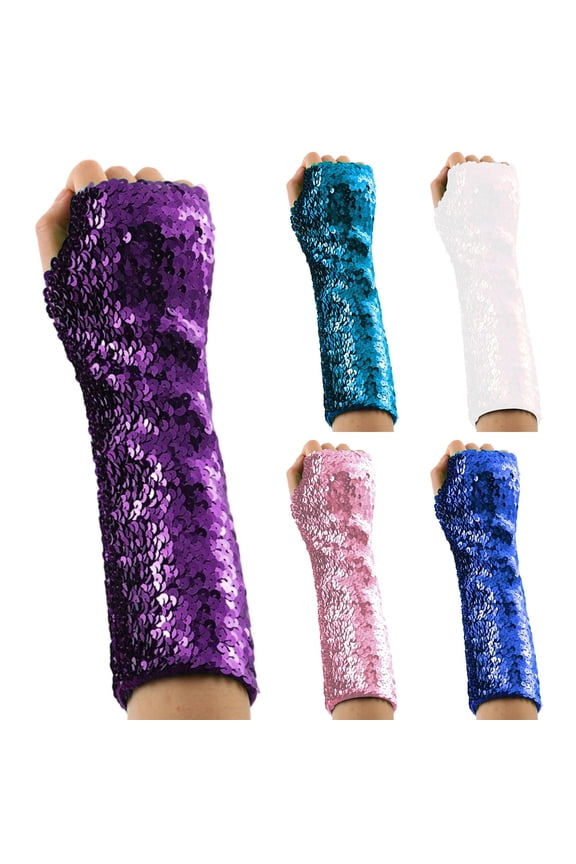 Sparkly Sequin Carnival Gloves for Women and Girls Long Costume Gloves Fingerless Gloves Ealstic Rave Party Fashion Gloves, White