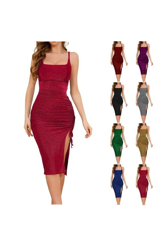 Sparkly Sequin Midi Dresses for Women Trendy Spaghetti Strap Party Cocktail Dresses Drawstring Side Split Ruched Bodycon Dress, Gold S