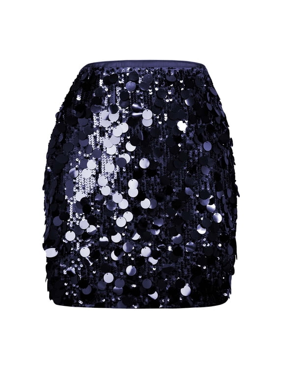 Sparkly Sequin Mini Skirts for Women Trendy Bodycon Skirts Glitter Shiny Skirt Rave Disco Dance Skirt for Club Night Out Party, Navy XL