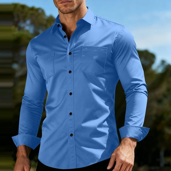 YTCAMLO Stretch Mens Dress Shirts Formal Solid Color Button Down Shirt Regular Fit Business Tops Long Sleeve Shirts for Wedding, Blue XXXL