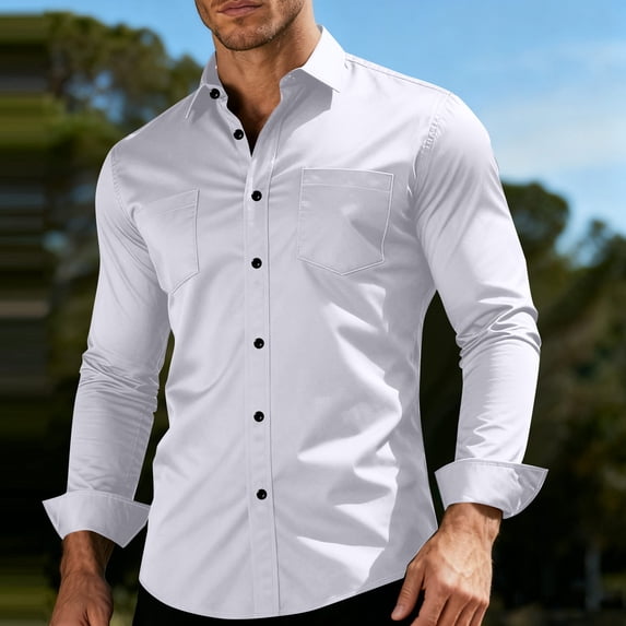 YTCAMLO Stretch Mens Dress Shirts Formal Solid Color Button Down Shirt Regular Fit Business Tops Long Sleeve Shirts for Wedding, White L