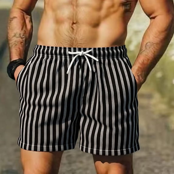 YTCAMLO Striped Men's Classic Swim Trunks, Summer Casual Quick Dry Beach Shorts with Adjustable Drawstring, Vacation Summer Outfits, A M