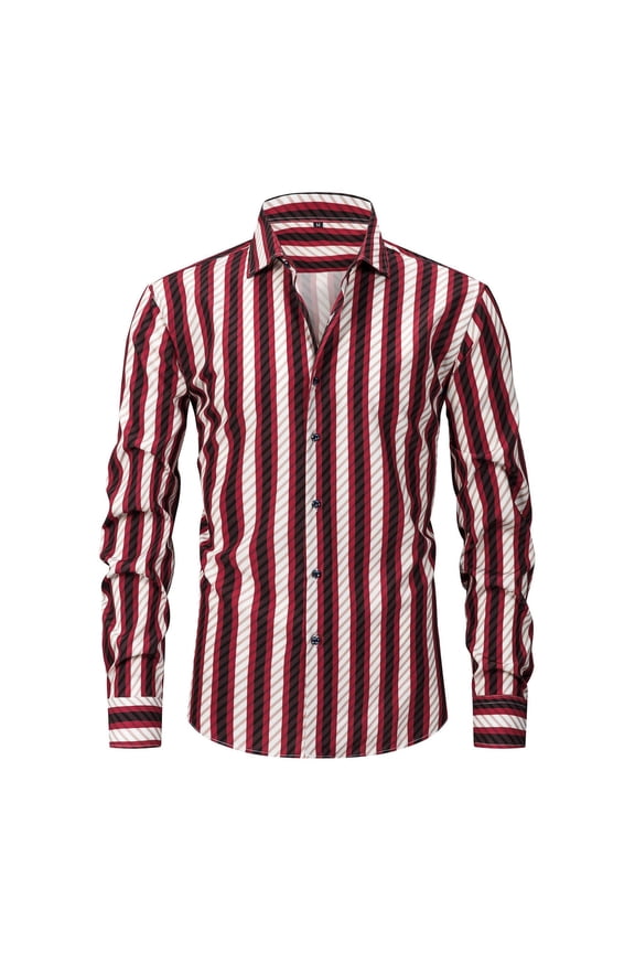 Striped Mens Button Down Shirt Casual Long Sleeve Dress Shirts Stretch Comfy Work Office Tops Regular Fit Vacation Outfits, Red XS