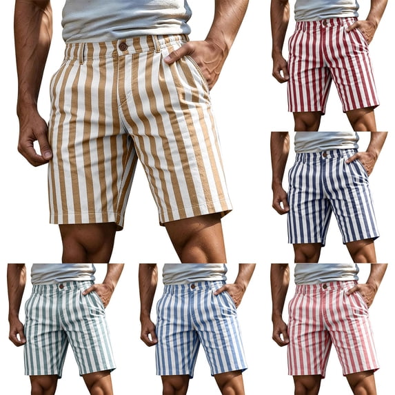 YTCAMLO Striped Summer Shorts for Men Beach Fashion Baggy Flat Front Shorts with Pockets Lightweight Cotton Lounge Shorts