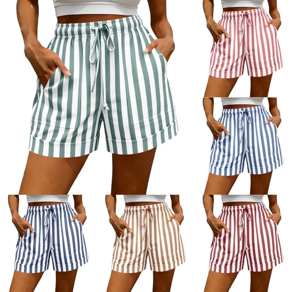 YTCAMLO Striped Womens Wide Leg Shorts Casual Elastic Waist Lounge Shorts with Pockets Drawstring Loose Fit Beach Shorts