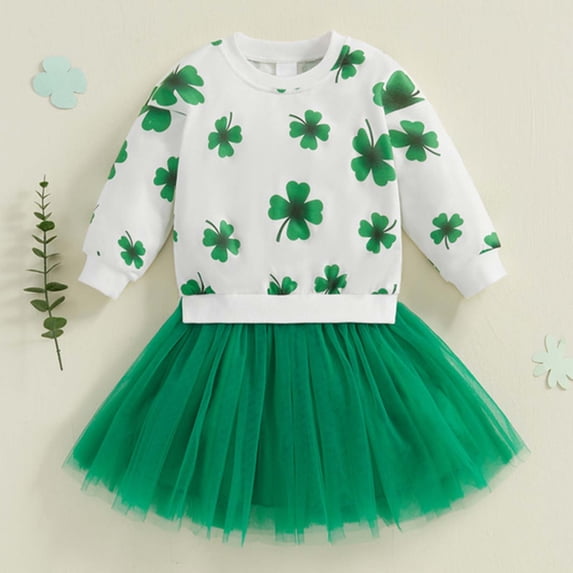 YTCAMLO Toddler Girls Tulle Tutu Dresses Casual Long Sleeve Crewneck Swing Dress A Line Tiered Dress Comfy St Patricks Day Outfits, Green 12-18 Months