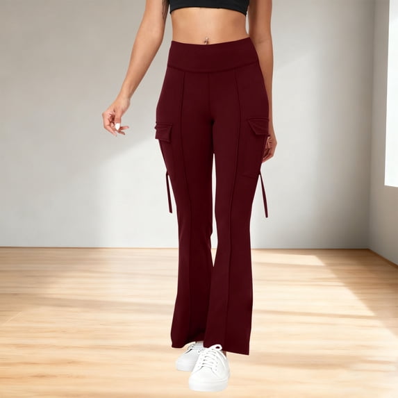 YTCAMLO Tummy Control Yoga Pants for Women Fashion High Waisted Cargo Leggings with Pockets Flare Leggings Gym Workout Bootcut Pants, Wine XXL