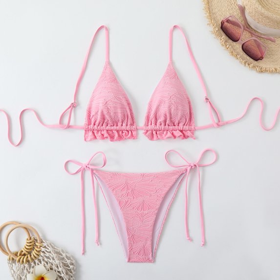 YTCAMLO Two Piece Bikini Sets for Women Summer Fashion Adjustable String Swimsuit Top Side Tie Bottoms Triangle Embossed Bathing Suits, Pink S