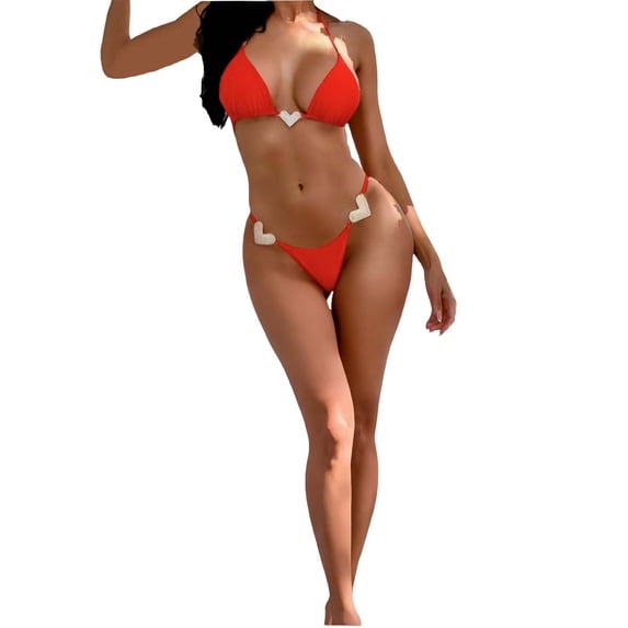 YTCAMLO Two Piece Cute Heart Rhinestones Bikini Sets for Women Dressy Fashion Halter Top Triangle Bottoms Bathing Suit Beachwear, Red M
