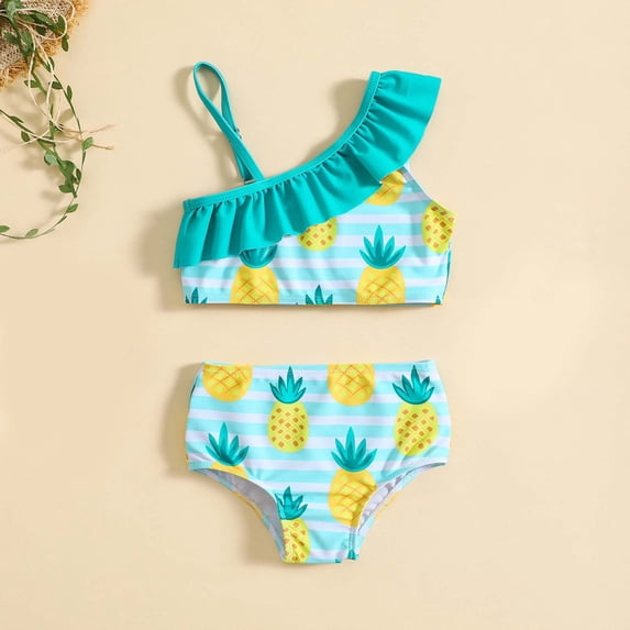 YTCAMLO Two Piece Girls One Shoulder Swimsuits Summer Trendy Pineapple Pattern High Waisted Bathing Suits Cute Ruffle Beach Swimwear, Mint Green 18-24 Months