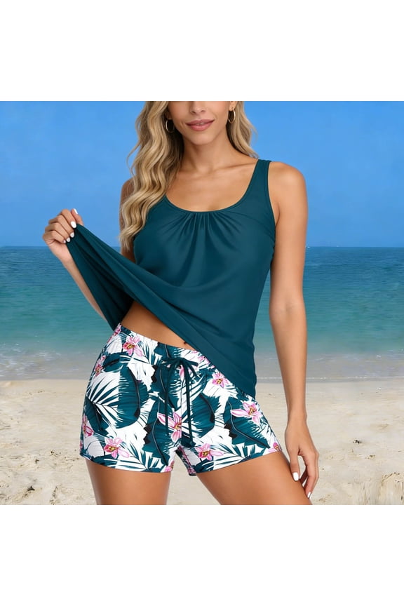 Two Piece Tankini Swimsuit for Women Fashion Ruched Scoop Neck Tank Tops with High Waisted Boy Shorts Summer Bathing Suits, Navy S