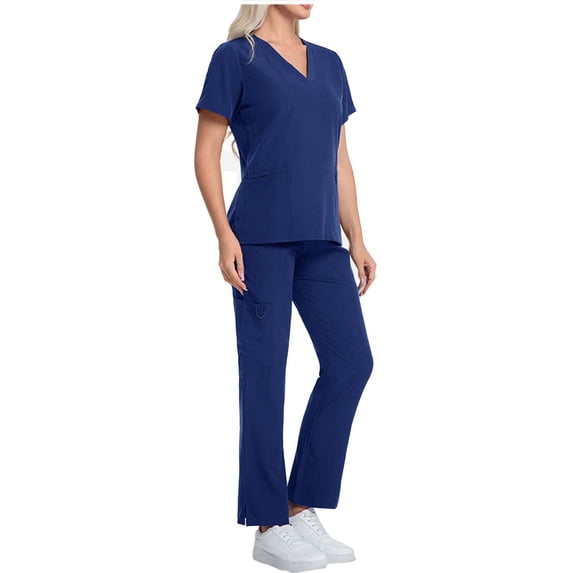 YTCAMLO V Neck Scrub Sets for Women Regular Fit Medical Scrubs Top and Side Split Pants with Pockets Cool Nursing Uniform Workwear