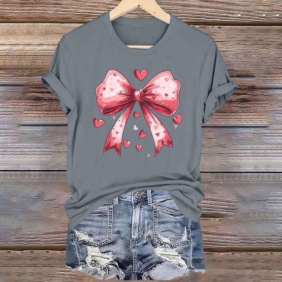 YTCAMLO Valentine's Day Shirts for Women Casual Basic Short Sleeve T Shirts Pink Bowknot Tunic Tops Cute Graphic Tees Spring Clothes, Gray5 XXL