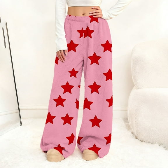 YTCAMLO Valentine's Day Womens Pajama Pants Casual Heart Printed Wide Leg Pj Pants Elastic Waisted Warm Bottoms Fuzzy Plush Loungewear, Red5 S