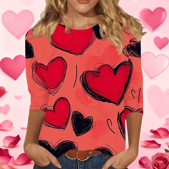 YTCAMLO Valentines Day Shirts for Women Casual Fashion Heart Graphic 3/4 Sleeve T Shirts Oversized Crew Neck Going out Tops Lightweight Fall Outfits