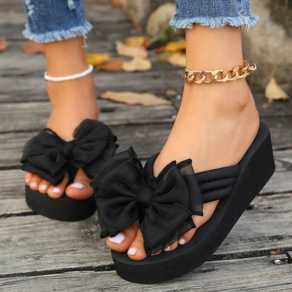 YTCAMLO Wedge Flip Flops for Women, Fashion Summer Beach Anti-Slip Slip On Sandals, Cute Bowknot Comfortable Thong Slippers