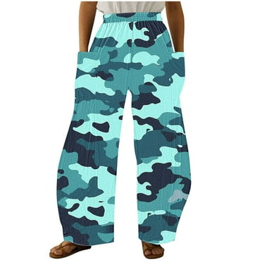 YTCAMLO Women Casual Camouflage Printing Pockets Elastic Mid-Waist Comfortable Wide-Legged Loose Vintage Pants,Gift for Women