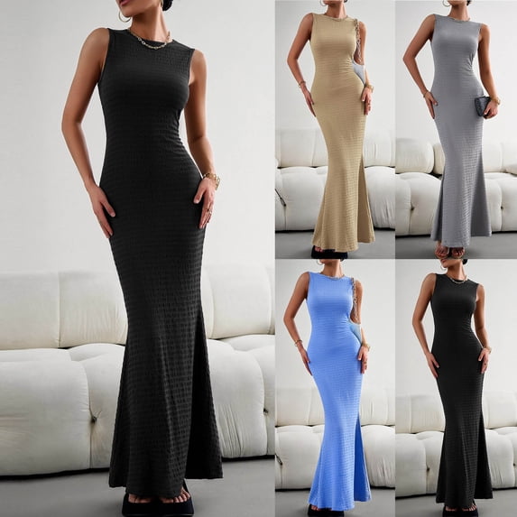 YTCAMLO Women's Sleeveless Bodycon Maxi Dress Elegant Stretchy Crew Neck Long Dress Going Out Cocktail Dress for Club Party Wedding