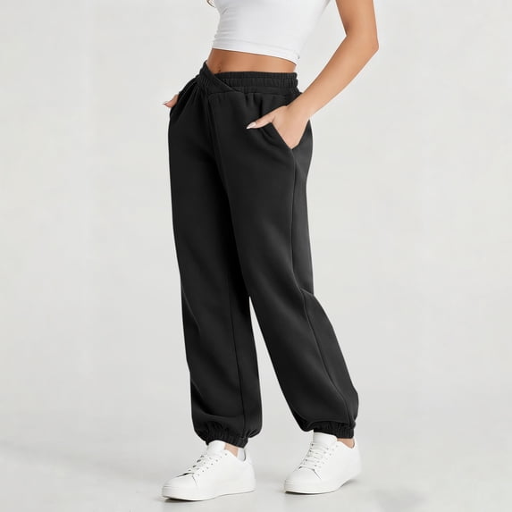 YTCAMLO Womens Baggy Sweatpants Athletic Comfy Lounge Pants Crossover Waisted Sweat Pants with Pockets Cute Y2K Elastic Joggers, Black M