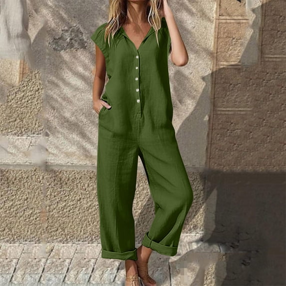 YTCAMLO Womens Button Down Jumpsuits Casual Loose Fit Sleeveless Wide Legs Rompers Lightweight Summer Cotton Linen Overalls
