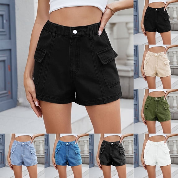 YTCAMLO Womens Cargo Jean Shorts Casual Regular Fit High Waisted Summer Shorts Y2K Straight Leg Lightweight Mini Denim Shorts