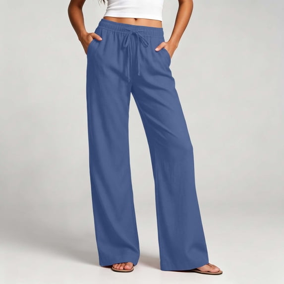 YTCAMLO Womens Cotton Pants Elastic High Waist Casual Palazzo Trousers with Pockets Casual Lightweight Breathable Flowy Wide Leg Pants