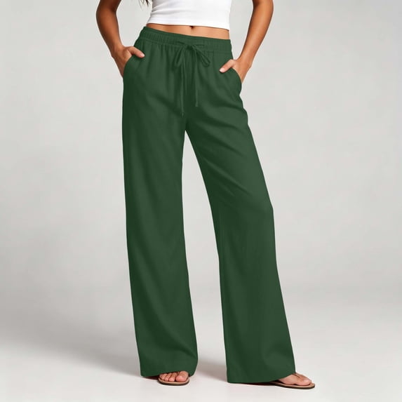 YTCAMLO Womens Cotton Pants Elastic High Waist Casual Palazzo Trousers with Pockets Casual Lightweight Breathable Flowy Wide Leg Pants