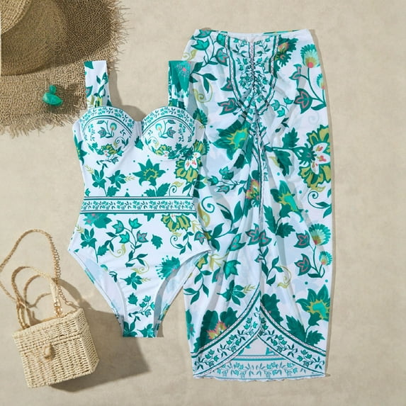 YTCAMLO Womens Floral One Piece Swimsuit with Matching Cover Ups Two Piece Bathing Suits Vacation Outfits Tummy Control Beachwear, Green S