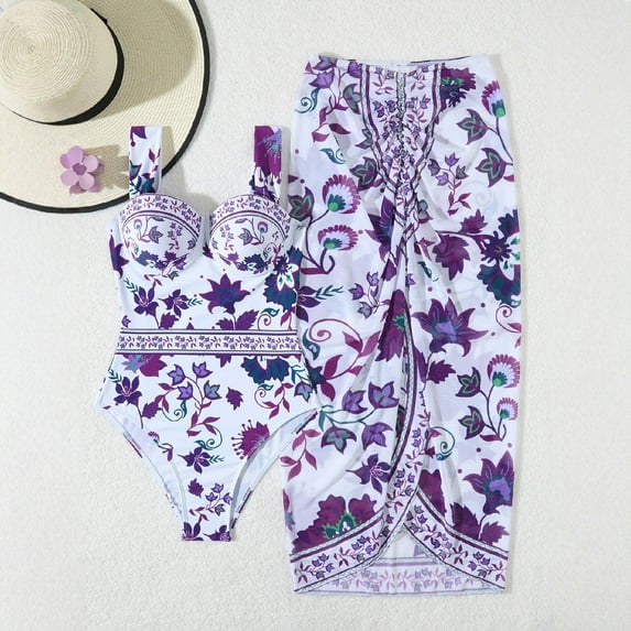 YTCAMLO Womens Floral One Piece Swimsuit with Matching Cover Ups Two Piece Bathing Suits Vacation Outfits Tummy Control Beachwear, Purple S