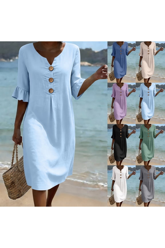Womens Ruffle Short Sleeve Midi Dresses Summer Casual Button V Neck Swing Sundress Boho Beach Vacation Flowy Long Dress