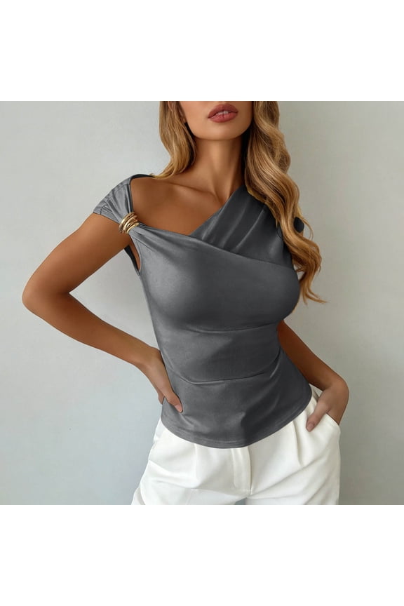 Womens Slim Fit Blouses Elegant V Neck Metal Ring Off The Shoulder Wrap Tops Short Sleeve Ruched Summer Shirts