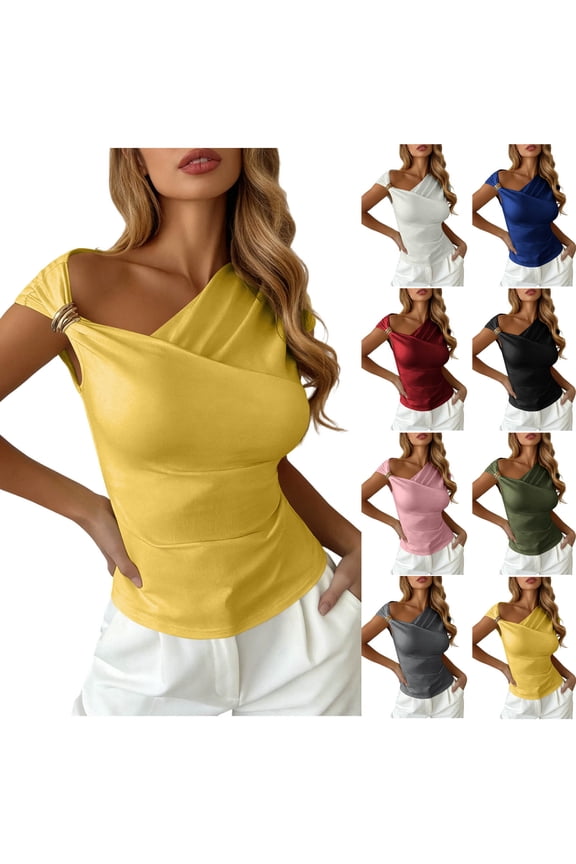 Womens Slim Fit Blouses Elegant V Neck Metal Ring Off The Shoulder Wrap Tops Short Sleeve Ruched Summer Shirts