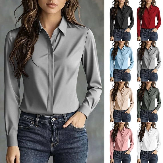 YTCAMLO Wrinkle Free Dress Shirts for Women, Classic Button Down HiddenButton Down Office Tops, Collared Comfy Cotton Tunic Blouses