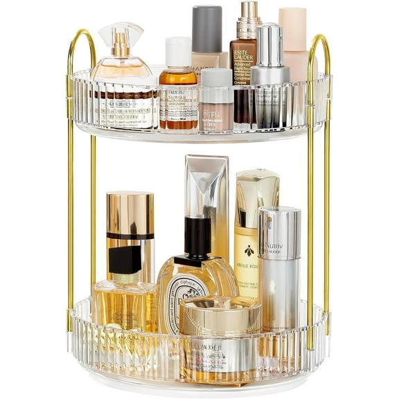 YTCYKJ 360° Rotating Makeup Organizer, 2 Tier Spinning Perfume Skincare Organizer Large Capacity Cosmetic Storage for Bathroom, Vanity, Countertop, Clear