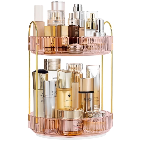 360° Rotating Makeup Organizer, 2 Tier Adjustable Perfume Organizer , Multi-Function Spinning Cosmetics Skincare Storage for Bedroom, Dresser, Countertop,Pink