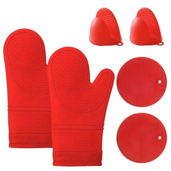 YTCYKJ 6PCS Heat Resistant Oven Mitts Set (500°F) with Silicone Grips – Includes Scald-Proof Gloves, Pan Pads & Kitchen Towels for Baking, Red
