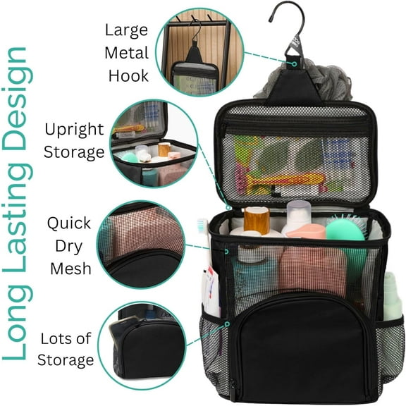 Shower Bag, Mesh Shower Storage Basket Portable , Quick Dry, Dormitory, Bathroom Gym Travel Camping Toiletry Bag with S-Hook, Black