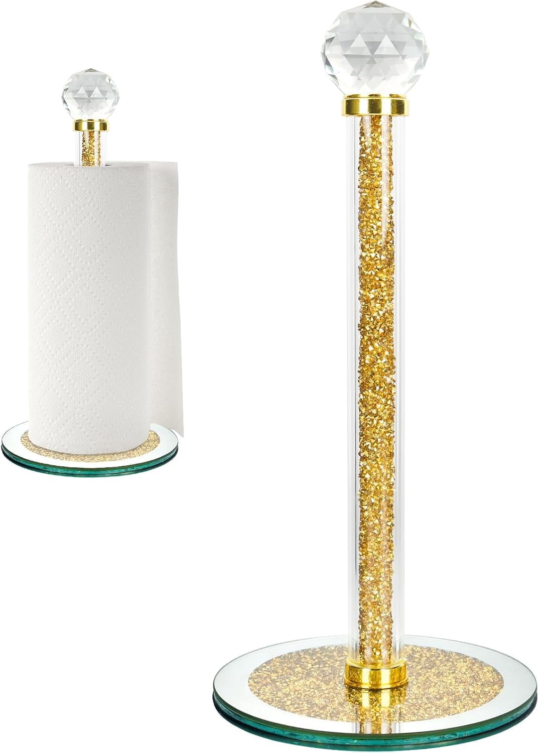 Luxury Glass  Paper Towel Holder, Tissue Holder Filled with Sparkly Crystal Crushed Diamond,Golden Countertop Paper Towel Roll Dispenser Holders with Round Base, for Kitchen Bathroom