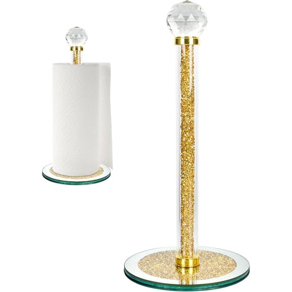 Luxury Glass Paper Towel Holder, Tissue Holder Filled with Sparkly Crystal Crushed Diamond,Golden Countertop Paper Towel Roll Dispenser Holders with Round Base, for Kitchen Bathroom