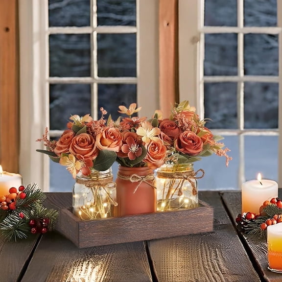 Mason Jar Lights Centerpiece Table Decorations, Ambient Table Decor, Home Decorations, Farmhouse Decorative Tray for Kitchens, Living Rooms, Dining Rooms, and Bedrooms, Orange