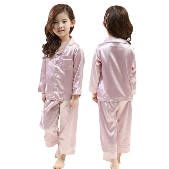 YTDSCS 1-10T Girls Boys Summer Satin Pajamas Pjs Set Silk Long Sleeve Button-Down Nightwear Sleepwear Long Pants 2PCS for Baby Kids