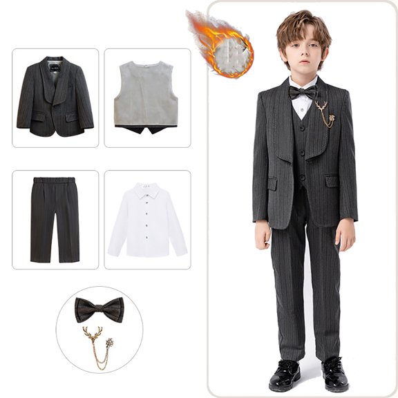 YTDSCS 1-14T Boys Striped Formal Suits Toddler 6 Piece Outfit Slim Fit Dresswear Suit Set Suit Jacket Vest Pants Dress Shirt with Bowtie and Brooch Fall Winter Fashion Gentleman for Youth Kids