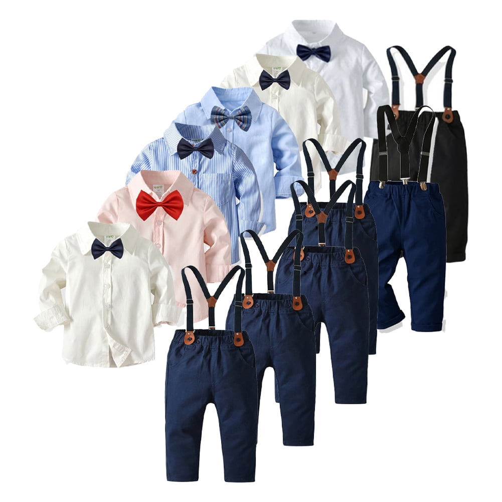 Boys Long Sleeve Oxford Dress Shirt & Pants Matching Outfit Baby & Navy Blue & White