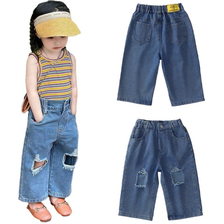 YTDSCS 1-8Years Girls Denim Pants Elastic Waist Wide Leg