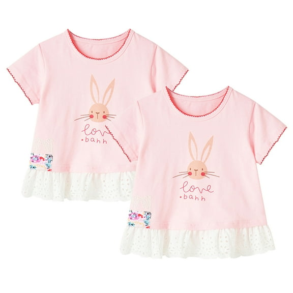 YTDSCS 1-8Years Kids Girls Cotton T-Shirts Toddler Summer Crewneck Tees Pullover Bottoming Tops Print Ruffled Short-Sleeved Shirts