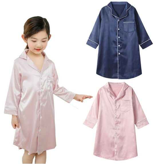 YTDSCS 2-12T Girls Satin Silky Pajamas Dress Kids V-Neck Nightgown Cardigan Robe Toddler Solid Colour Sleepwear for Girls