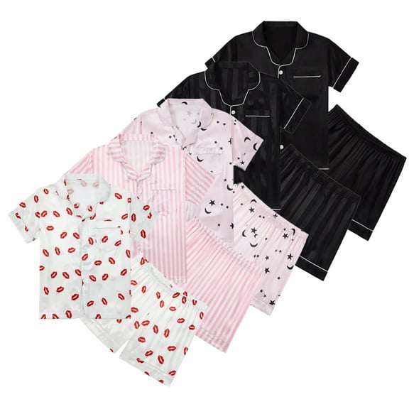 YTDSCS 2Pcs Youth Kids Satin Short Sleeve Pajamas Pj Sleepwear Loungewear Set for Boys Girls,5-14Y Big Little Boys Girls Summer Buttons Lounge Sleep Set Printed Girls Boys Jammies Set